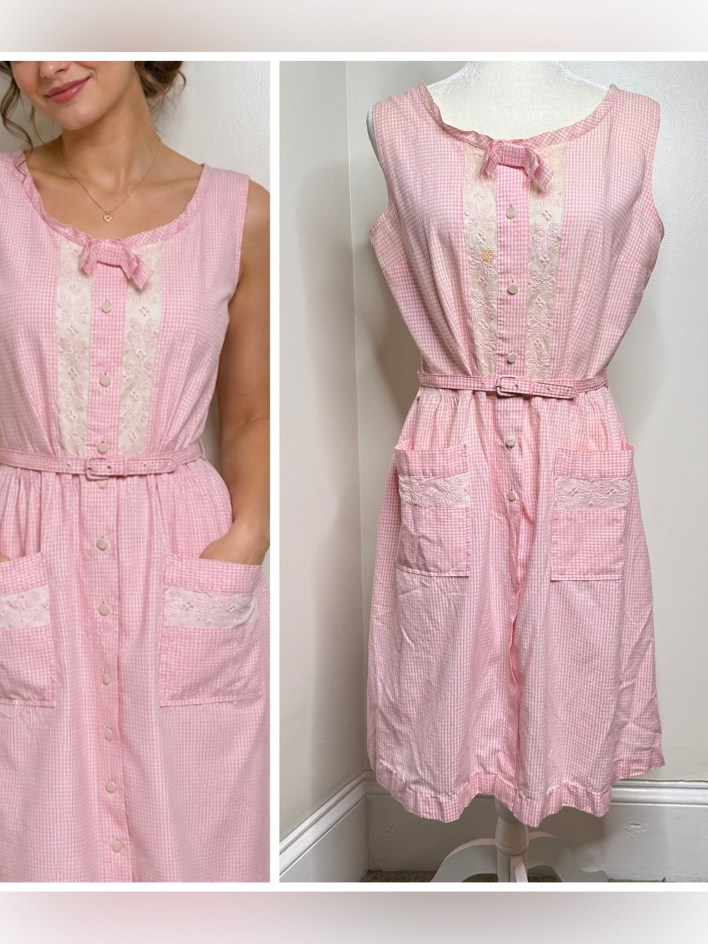 FLAWED Vintage 50’s Alden’s Lightweight Gingham Pink White Day Dress NO Size